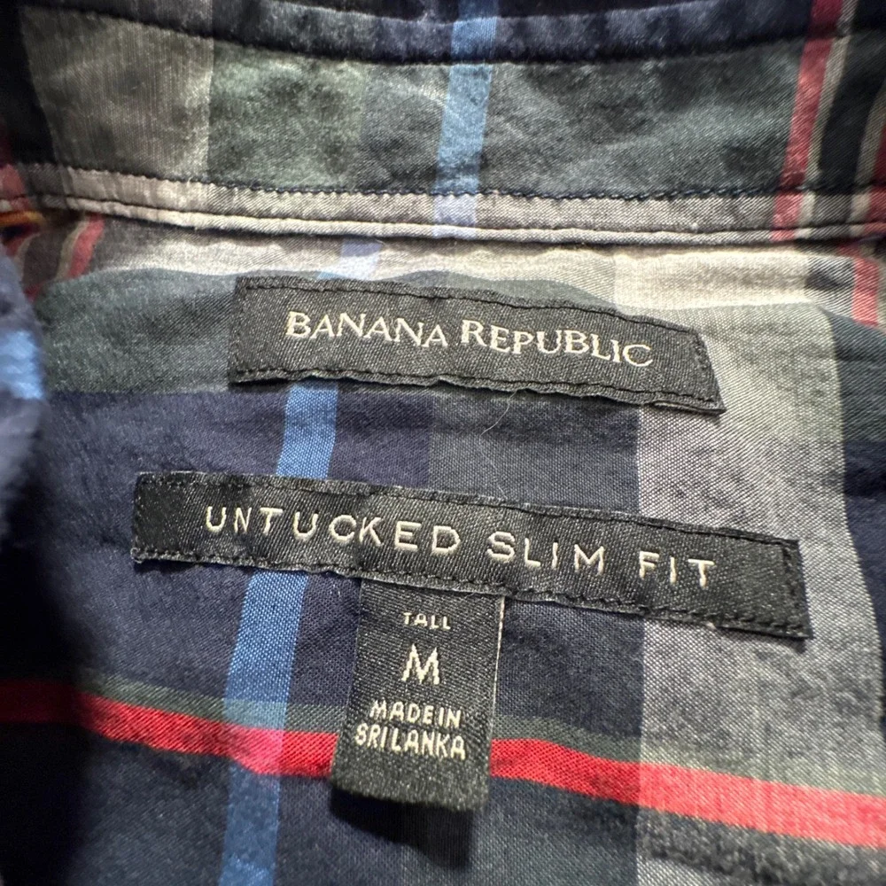 Banana Republic Shirt Men M Cotton Untucked Slim Fit Plaid Preppy OCBD Minimal